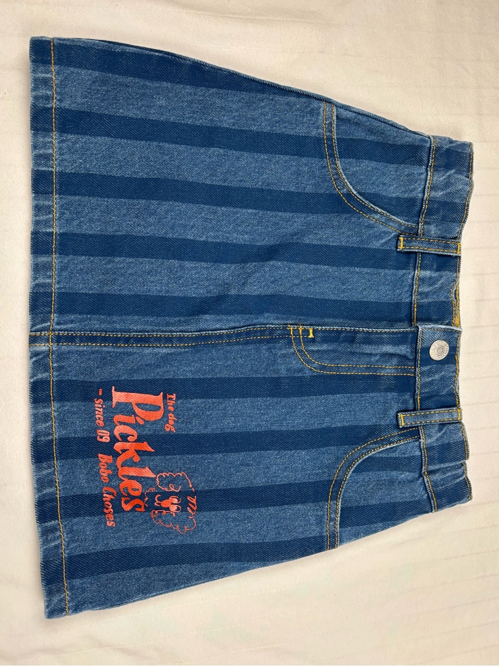 NWT Bobo Choses girls 4-5 years Blue Striped Denim Skirt with Coral pickles Logo